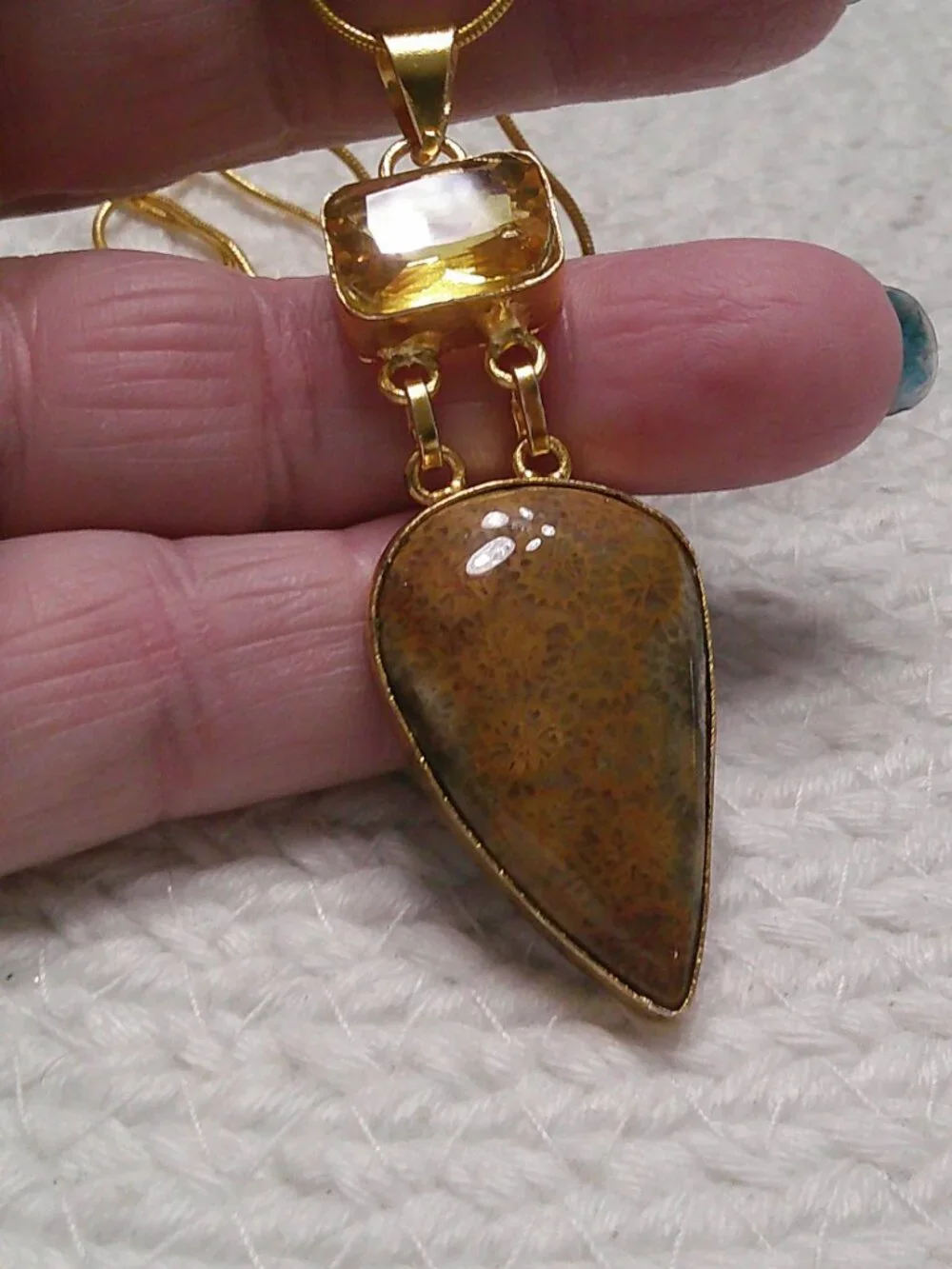 Gorgeous FOSSIL CORAL & CITRINE Handmade Gold Plated Pendant/Chain #993E